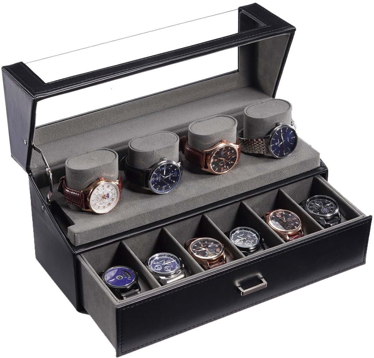 ProCase Horlogebox 2-laags, Horlogebox Horlogeopslag voor Heren, Horlogekast Horlogekast met 10 Horlogekussentjes, Horloge Display Case Horlogebox - Zwart