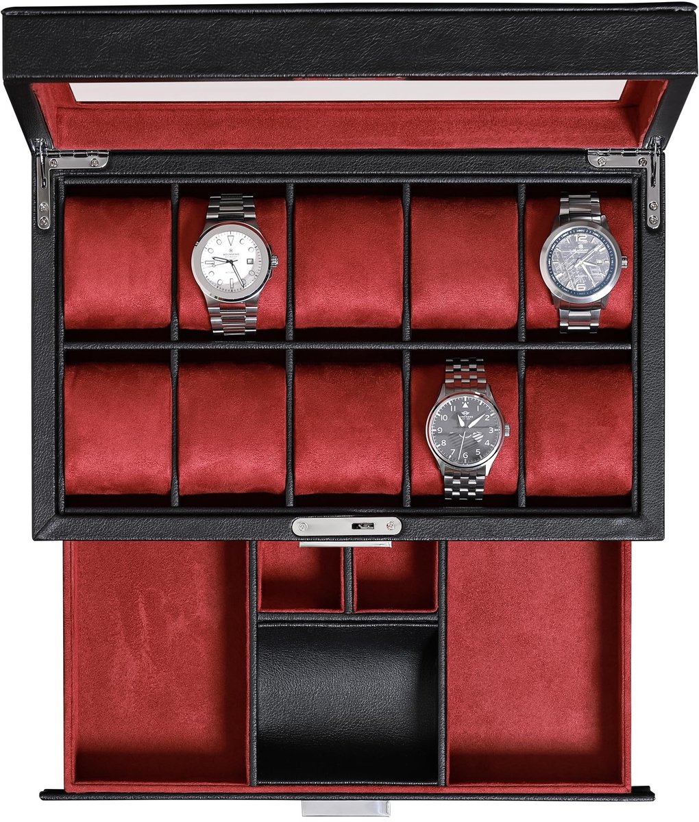 ROTHWELL leren horlogebox met 10 vakken en lade, luxe horlogekast met zachte kussens, afsluitbare sieradenhorlogehouder met groot glazen deksel (zwart-rood)