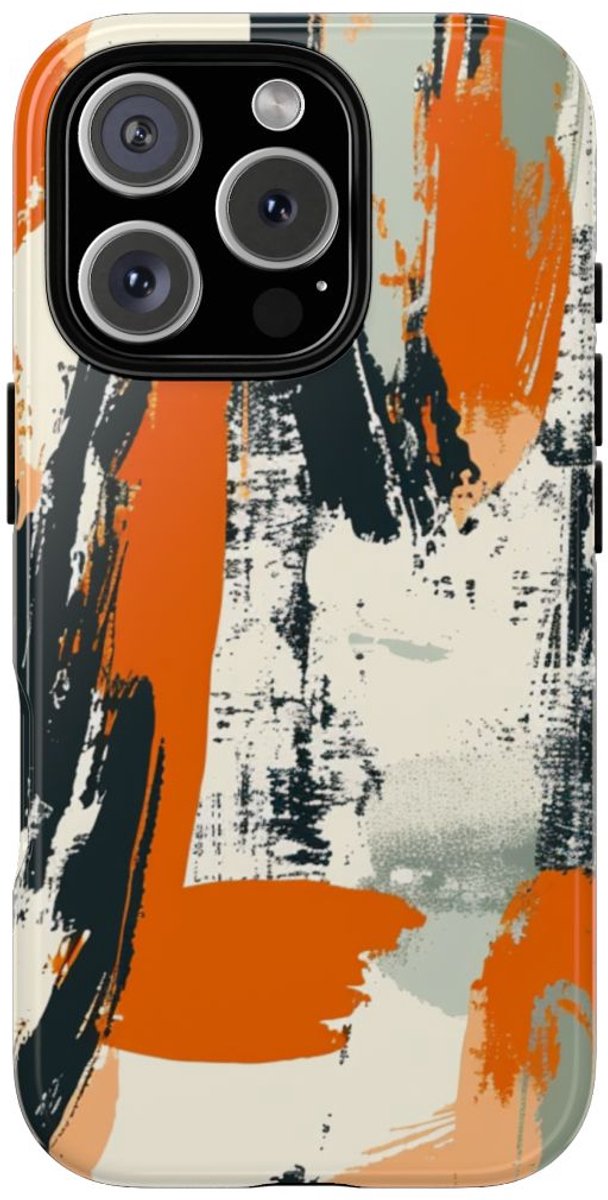 Abstract Oranje-Zwart Penseelstrepenpatroon – Telefoonhoesje Geschikt voor iPhone 16 Pro