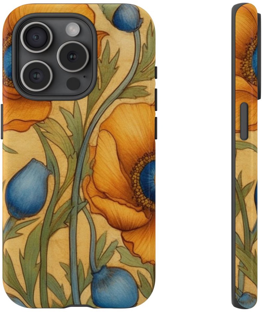 Gouden Klaprozen met Blauwe Harten – Telefoonhoesje Geschikt voor iPhone 15 Pro