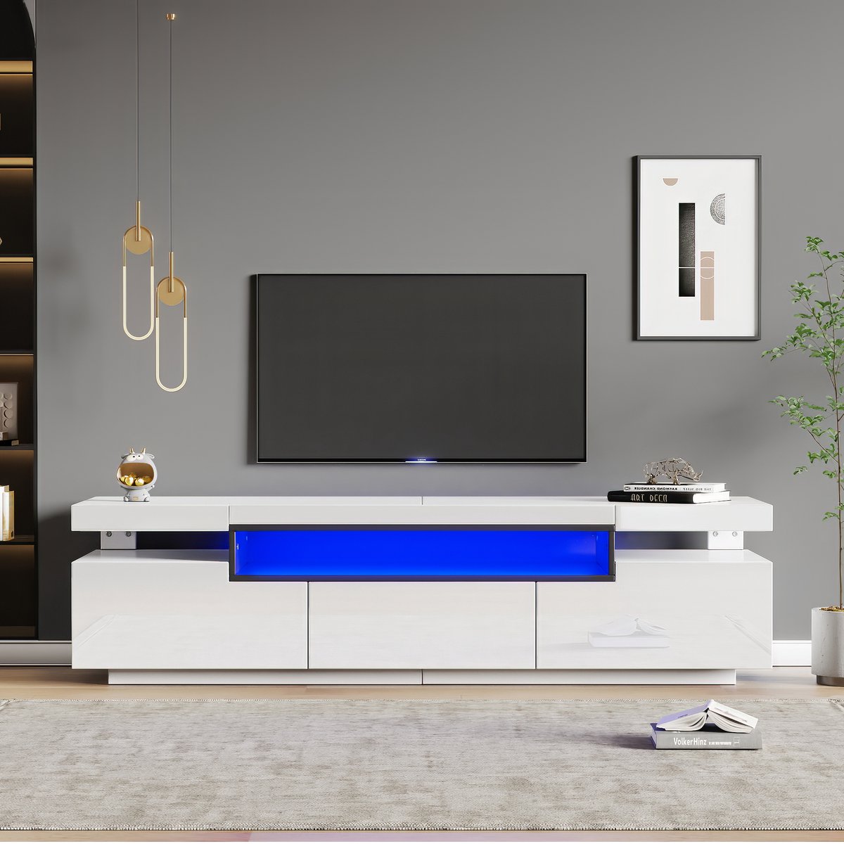 Pugsdrly Elegante hoogglans tv-kast 160x39x42 cm – wit met 16 kleuren ledverlichting – ruimte voor 70 inch tv – inclusief 3 lades, hoogglans tv-standaard