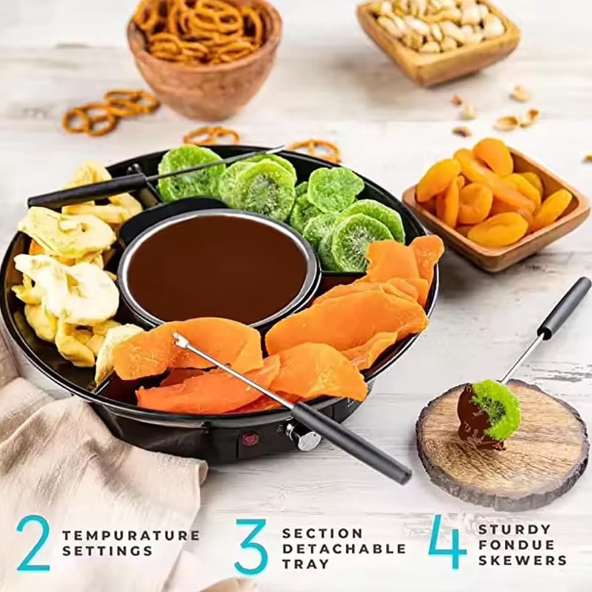 Elektrische chocoladefondueset - 27,5×27,5×8 cm - Inclusief 2 dipvorkjes - Fonduesmeltende chocolade-kaassnoepmachine - Chocoladesmelter - Zwart - 260 ml – foto 3