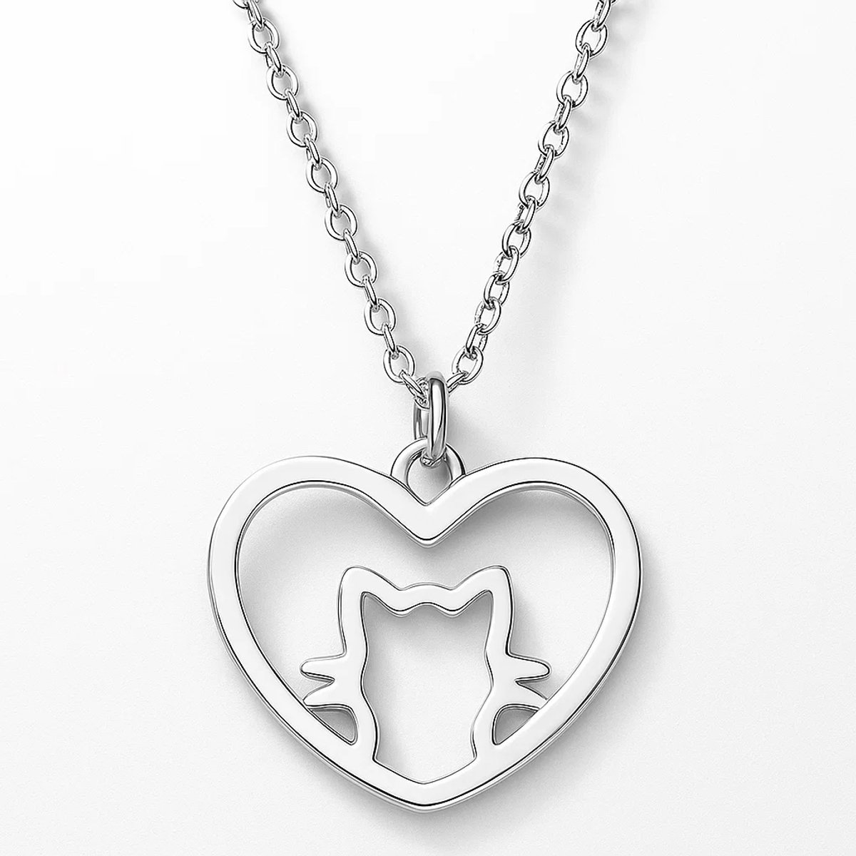 Zilveren hart-kat hanger ketting – echt zilver