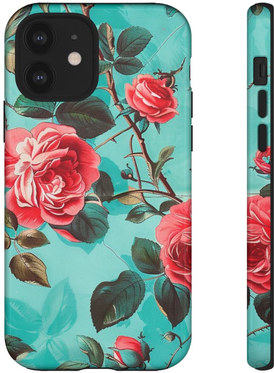 Rode Rozen op Turquoise Achtergrond – Telefoonhoesje Geschikt voor iPhone 12
