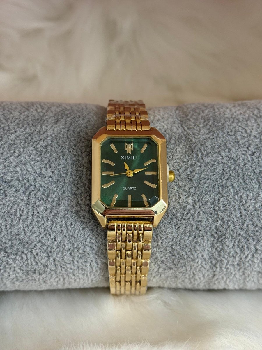 EHH Beauty - Goudkleurige dameshorloge - Goudkleur groen- Polshorloge - Horloge vrouwen - Sieradenzakje zwart