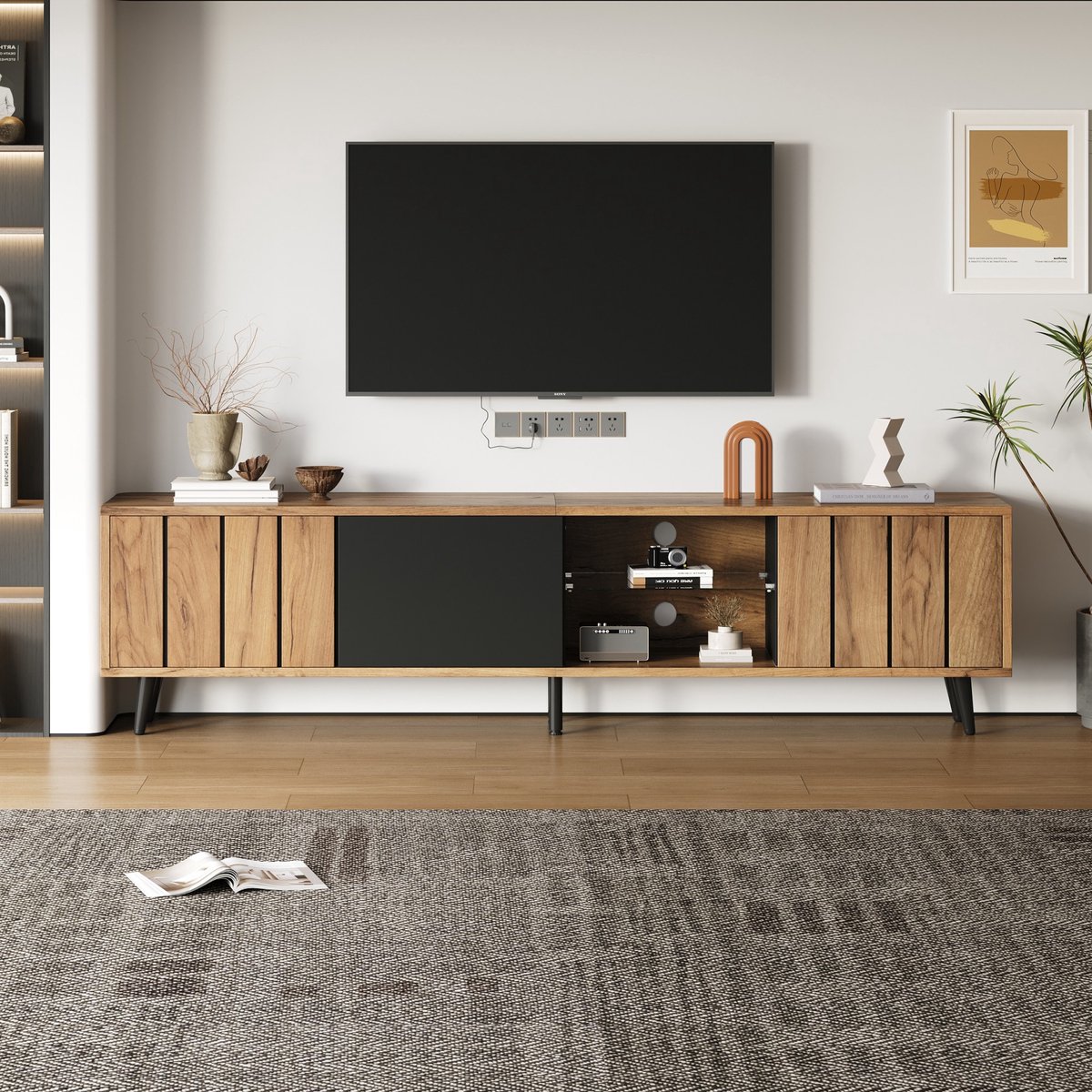 Sweiko TV kast - Geschikt voor 75 inch TV - 3 deuren - Naturel + Zwart