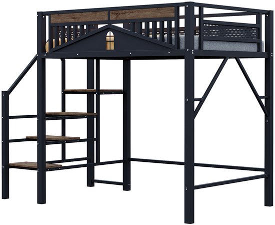 Lit mezzanine en métal Pugsdrly 140 x 200 cm Boîtier unique avec design de fenêtre Avec échelle de sécurité Beaucoup d'espace de rangement sous le lit Zwart