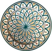 Marokkaanse Serveerschaal Ø35 cm - Handgemaakt Keramiek - Groen met Oranje Geometrisch Bloempatroon