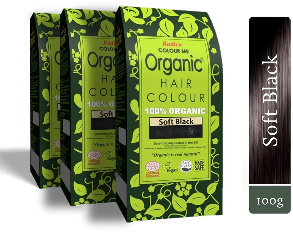 3 x Radico COLOUR ME ORGANIC Soft Black / Zwart 100% Natuurlijke BIO ORGANIC 9-Kruiden Henna Haarverf Zonder Ammoniak PPD PTD met ECOCERT, HALAL, VEGAN Set 3 300g