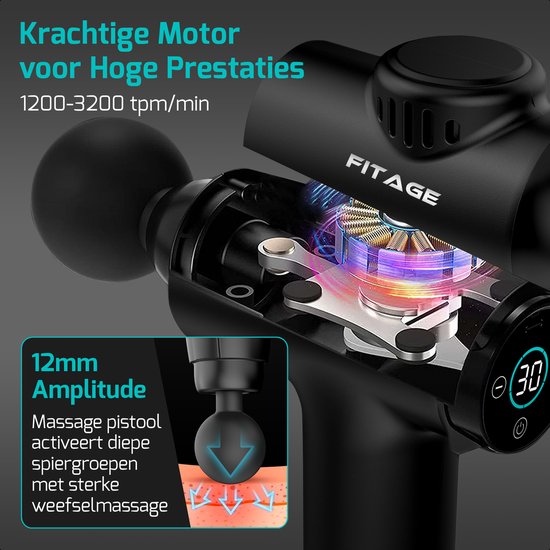Detailopname van de interne motor van de zwarte FITAGE massage gun. Een inset toont de 12mm amplitude en diepe weefselmassage.