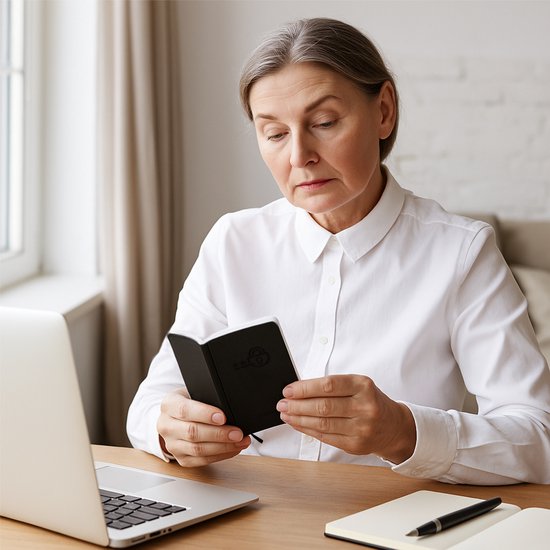 Een oudere vrouw met grijs haar die een zwart A6 notitieboekje vasthoudt en leest.