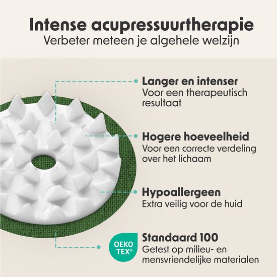 Close-up van een witte acupressuur drukpunt met OEKO-TEX Standard 100 label. Lang, intensief en hypoallergeen.