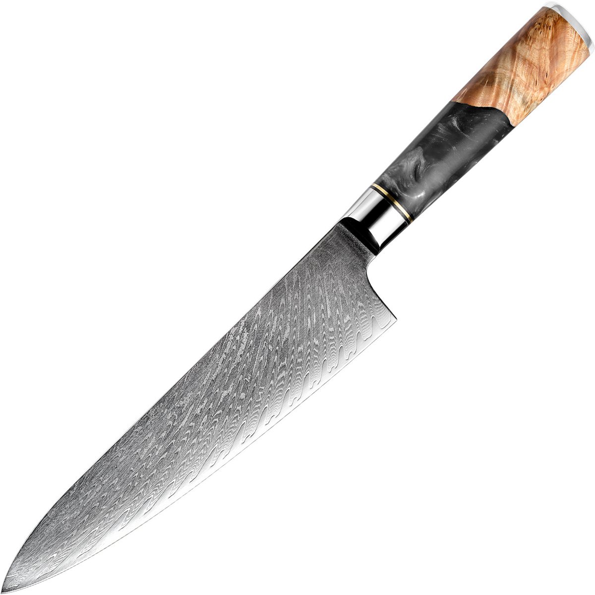 Dastium Home - 67-Laags Damascus Staal Koksmes 20CM - Damaststaal Keukenmes - Japans Mes van Echt Damascus Staal - Met Ergonomisch Hout en Zwart Harsen Handvat