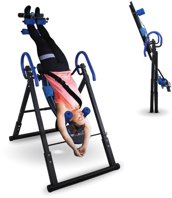HOMCOM Inversie-tafel, opvouwbaar, verstelbaar, zwaartekrachttrainer, stretchbank voor rugtherapie, met enkelkussens tot 110 kg, van staal, zwart en blauw