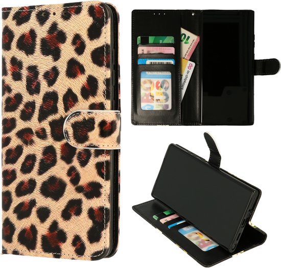 Ensemble de 3: portefeuille à imprimé léopard (ouvert et fermé) et téléphone avec cartes.