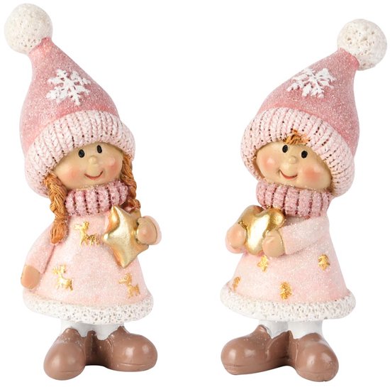 Décoratif | Enfant d'hiver debout m/étoile, rose/blanc, résine, 4x3x9cm, lot de 2 pièces | A255229