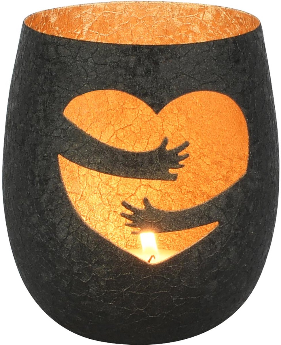 dekoratief Theelichthouder 'Embracing Love', zwart/goud, metaal, 10x10x11cm | A258045