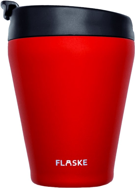 Rode FLASKE beker 200 ml met zwarte deksel, op een witte achtergrond.