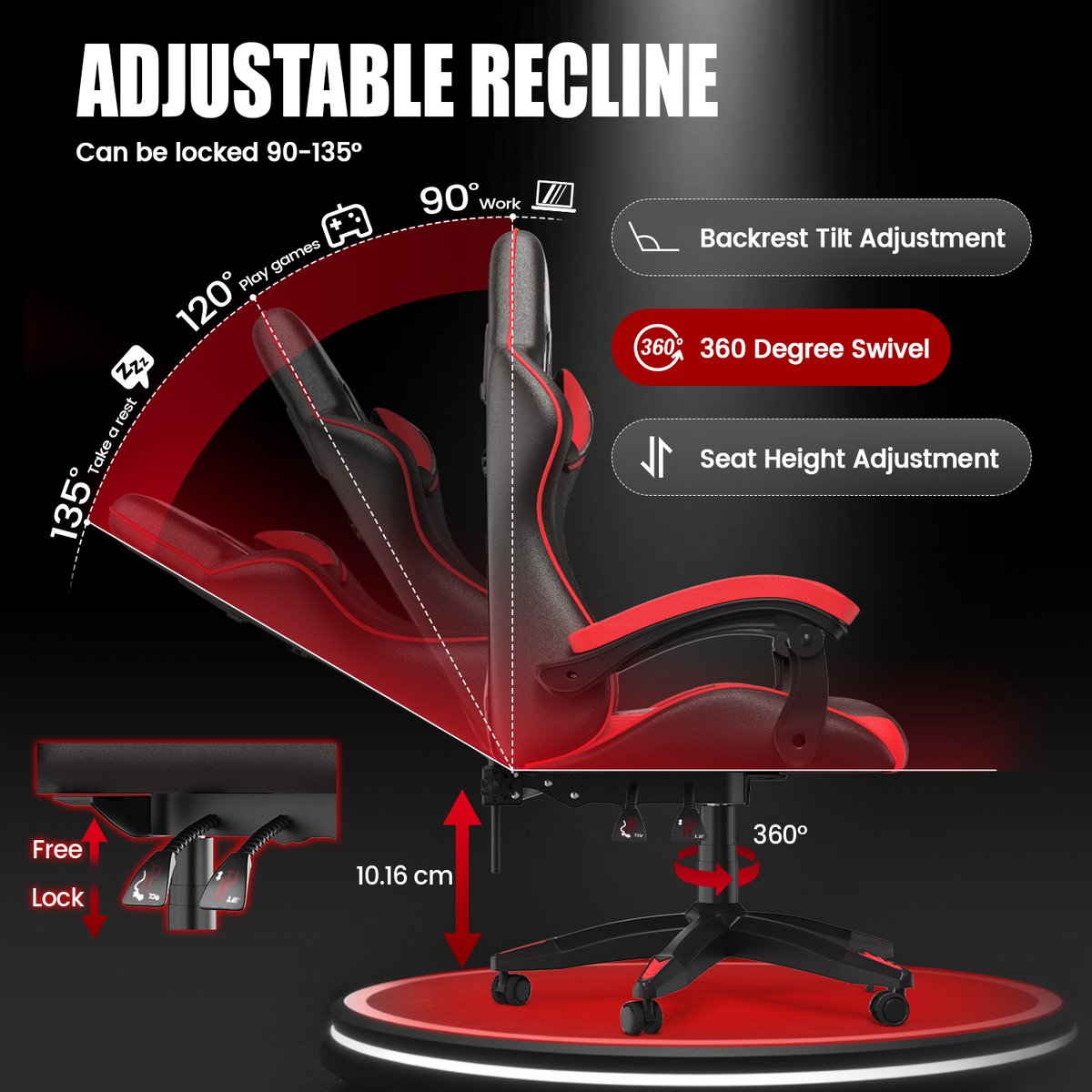 Bigzzia Ergonomische Gamingstoel met Lendenkussen en - afbeelding 2