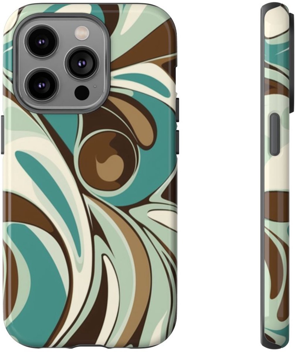 Abstracte Swirl in Teal en Bruin – Telefoonhoesje Geschikt voor iPhone 14 Pro
