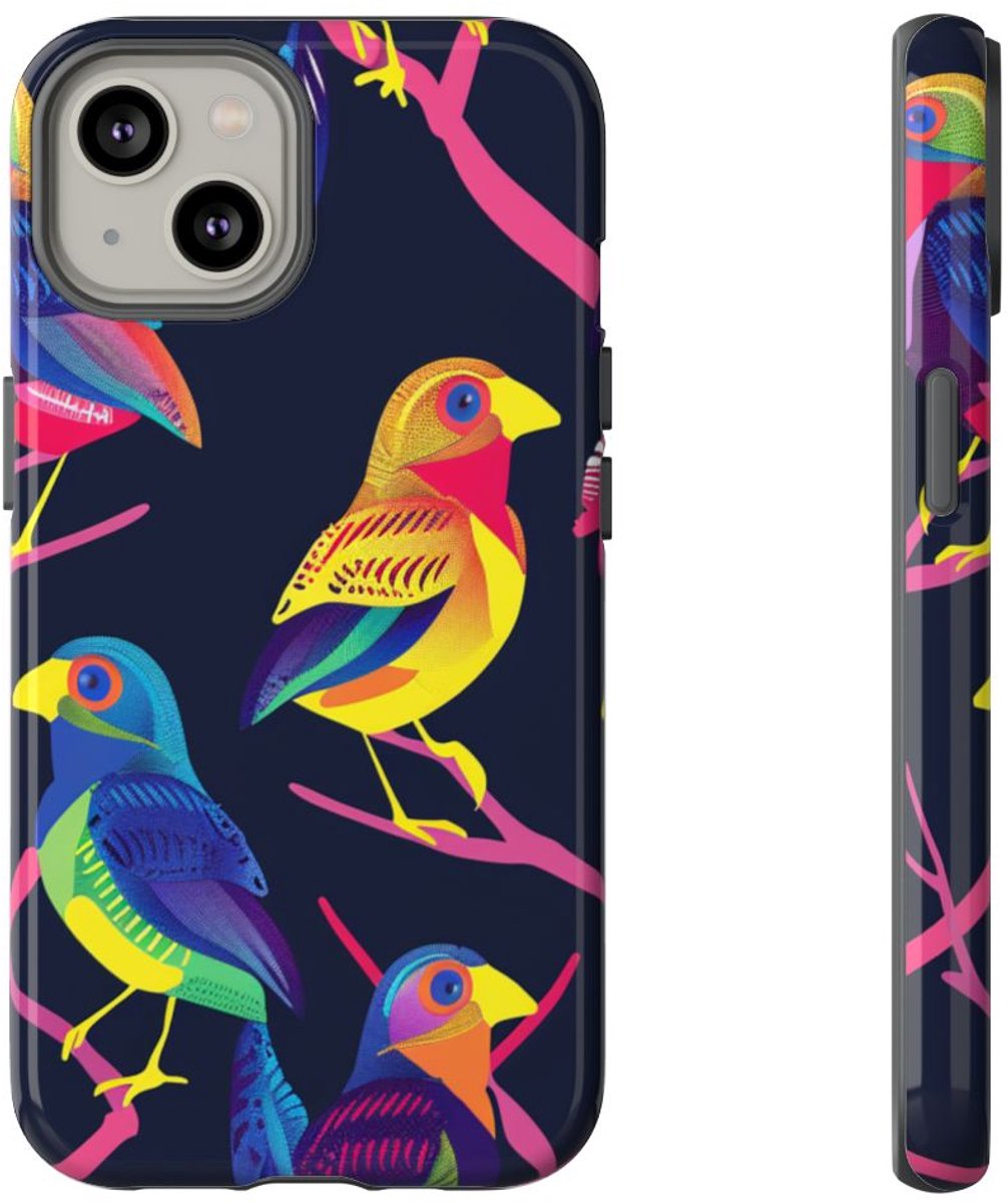 Neonkleurige Vogels op Takken – Telefoonhoesje Geschikt voor iPhone 14