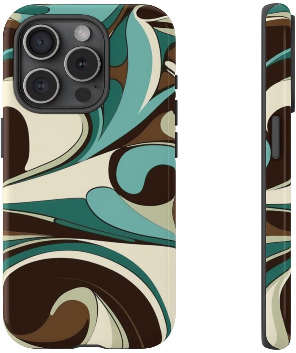 Abstracte Swirl in Teal en Bruin – Telefoonhoesje Geschikt voor iPhone 15 Pro
