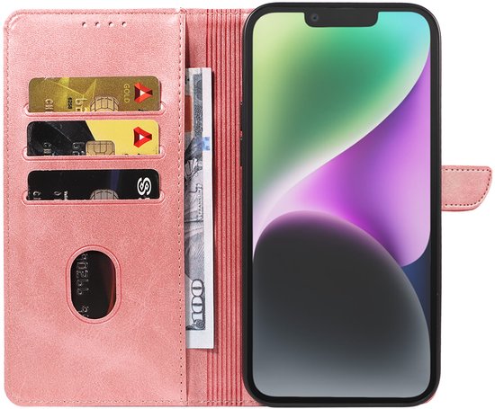 Geschikt voor iPhone 14 Telefoonhoesje Kunstleer met Magnetisch lipje en Pasjeshouder Book Case met Klepje - Roze - Smartphonica geschikt voor iPhone 14