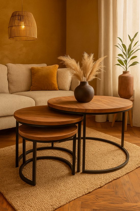 Deco4yourhome® - Table basse lot de 3 - Bois de Mango - Table basse ronde - Zwart - Lukas