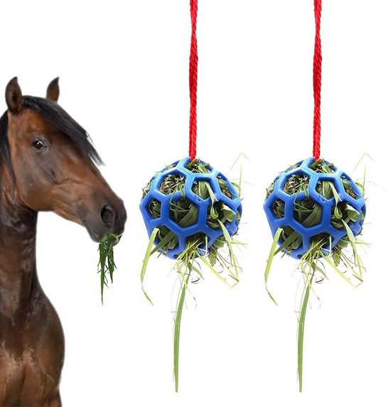 Paard eet gras naast twee blauwe hooiballen met zeshoekige gaten, gevuld met groen gras.