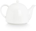 Witte porseleinen theepot met deksel en oor, geïsoleerd op witte achtergrond.