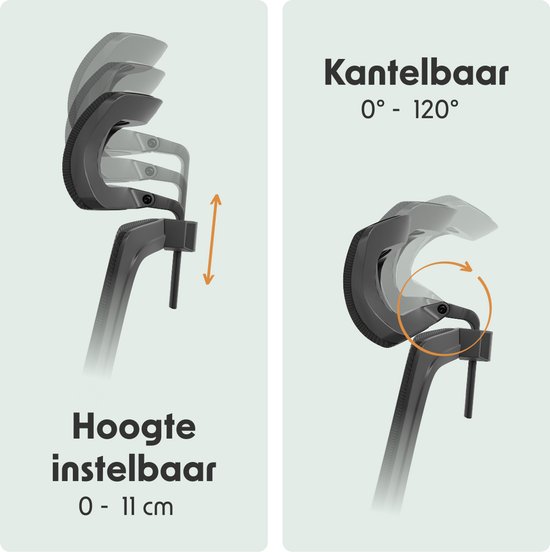 Detail van de rugleuning van een bureaustoel die 0-11 cm in hoogte verstelbaar is en kantelt van 0-120 graden.