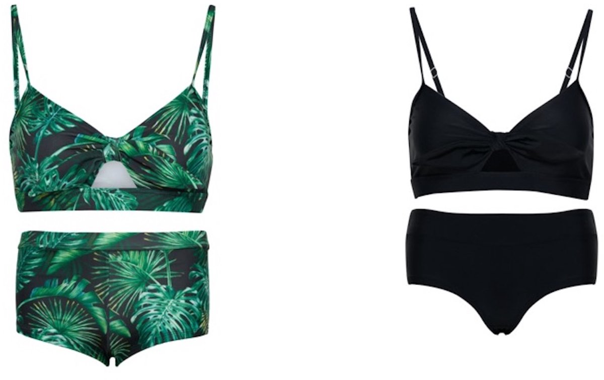 La V Set van 2 bikini hipster broekje en top - Groen bladeren / Zwart 170-176 Groen/Zwart