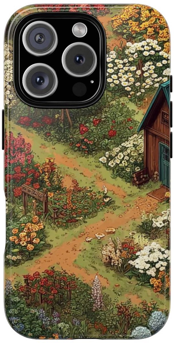 Kleurrijke Bloementuin met Huisje – Telefoonhoesje Geschikt voor iPhone 16 Pro