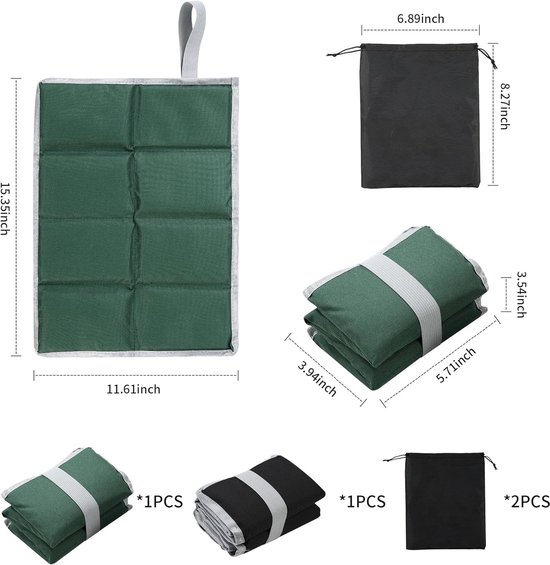 Outdoor zitkussen - 2 stuks - Zitkussen - 40 x 30 cm - Outdoor opvouwbare zitkussen - Met opbergzakken - Zitmat - Opvouwbare zitkussen - Waterdicht - Oxford - Zitkussen voor wandelen - Voor outdoor, speelplaats, camping, wandelen - Groen en zwart — afbeelding 5