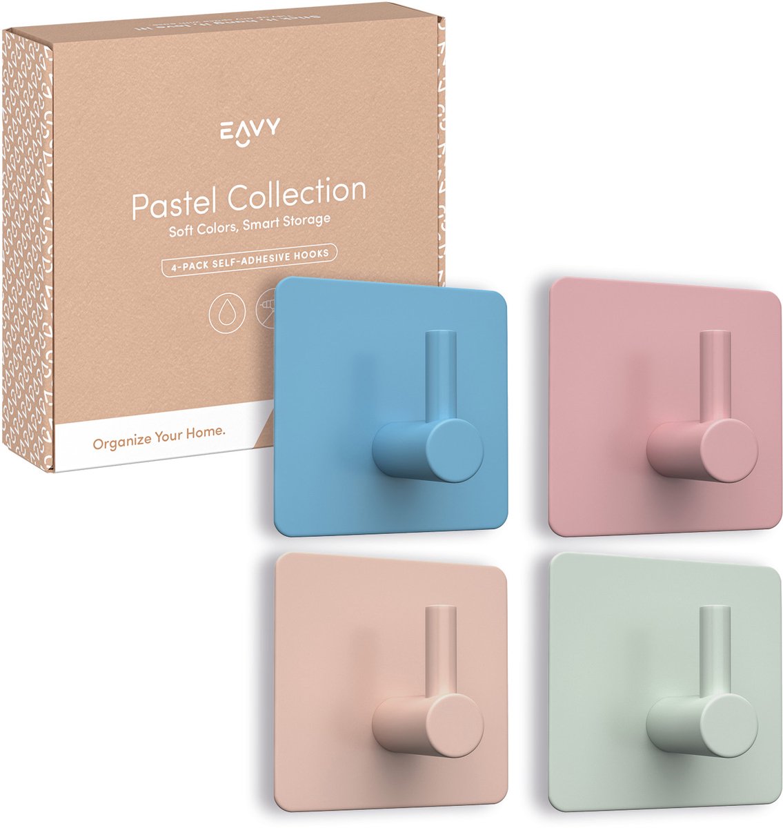 EAVY - Kinderkapstok - Zelfklevende handdoekhaakjes - Pastel Kleuren - Vierkant - RVS - 4