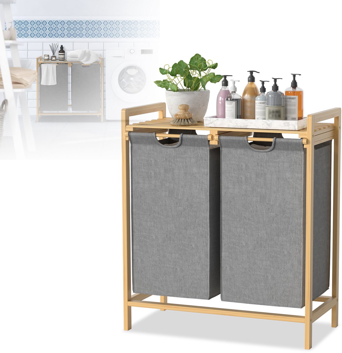 2x36L Wasmand – Oxford Stof met 2 Vakken, Afneembare Inzet – Grijs