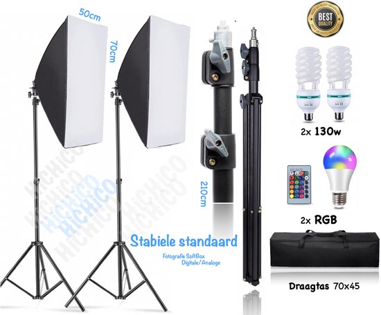 HiCHi Studiolampen Met Statief - 210Cm Hoog - Inclusief Tas en RGB Lamp