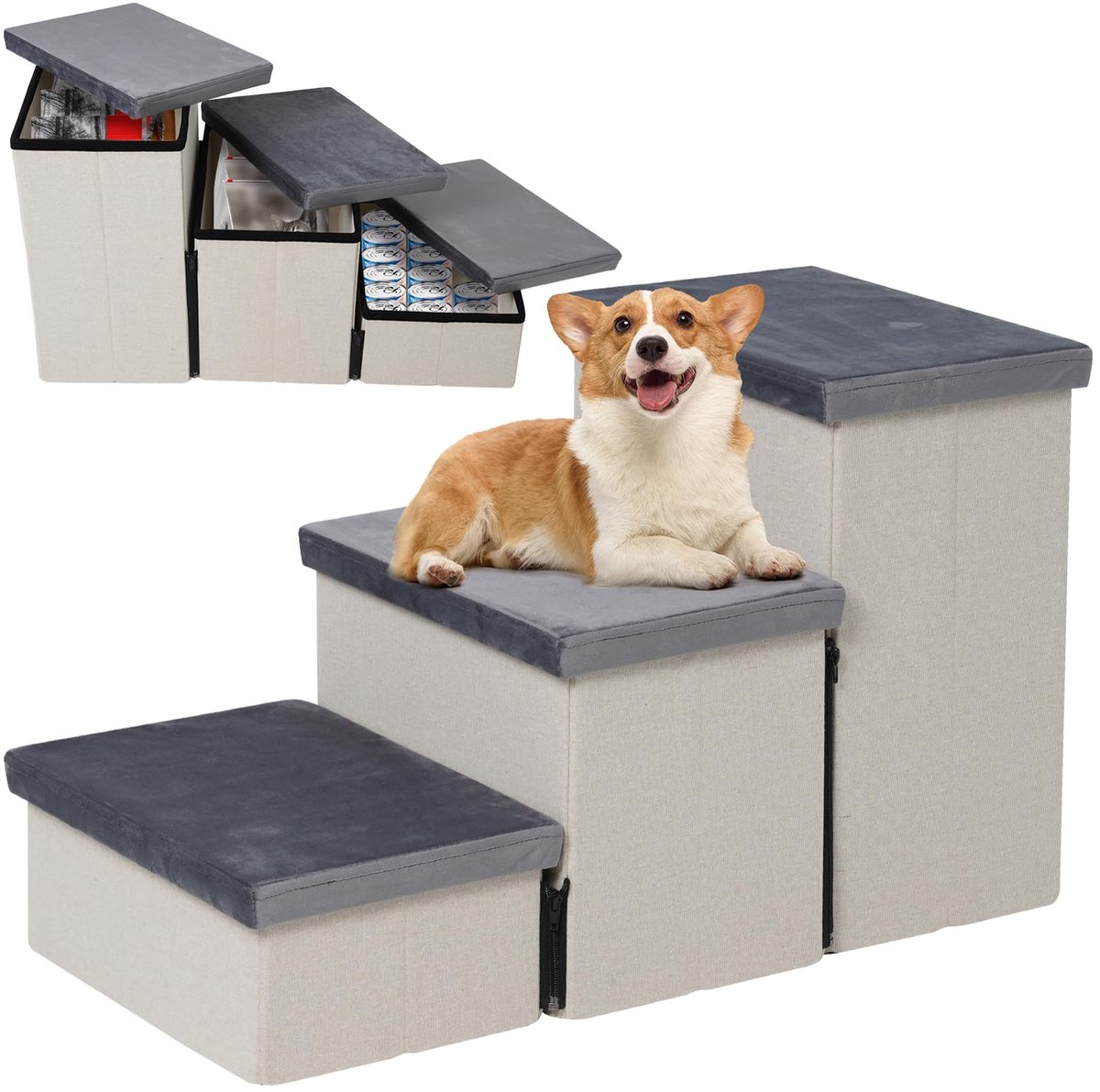 Opvouwbare Huisdierentrap 3 Treden - Met Opbergruimte - Voor Honden & Katten - 74x33x44 cm