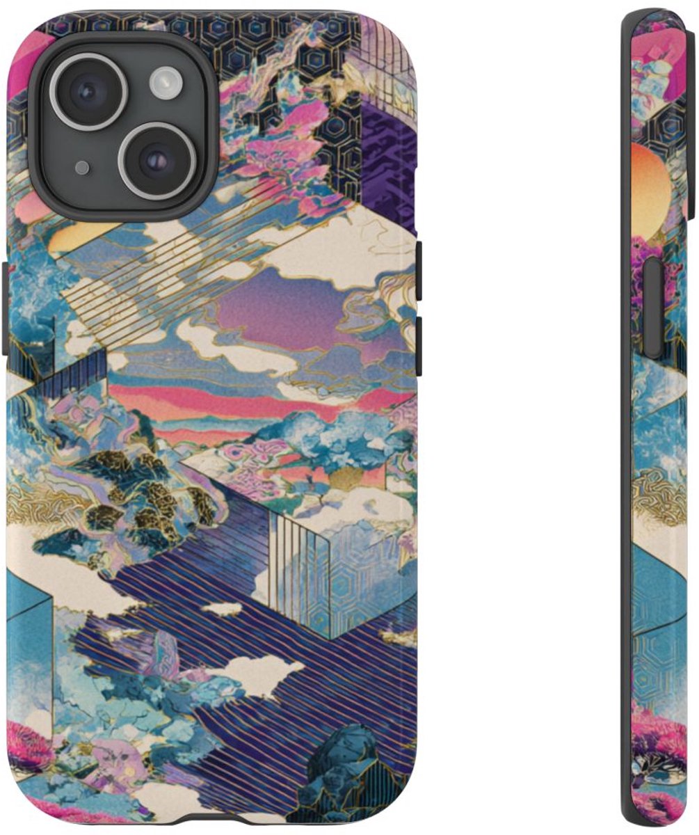 Abstracte Geometrische Landschap met Roze Bomen – Telefoonhoesje Geschikt voor iPhone 15