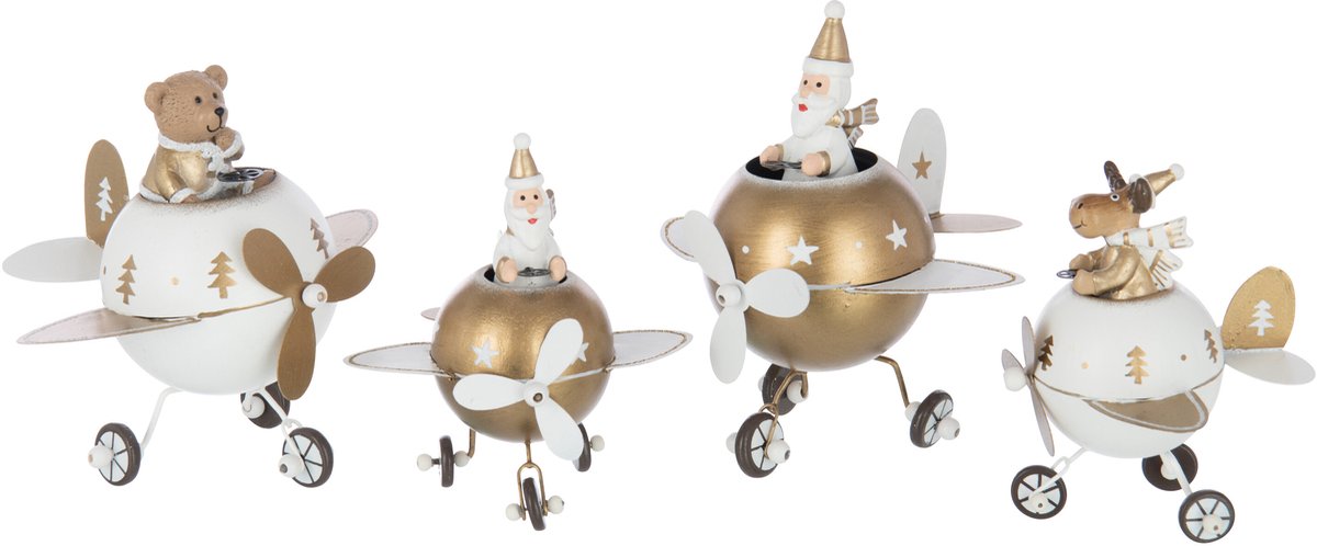 Kerstman in vliegtuig van metaal in wit en goud - J-Line.