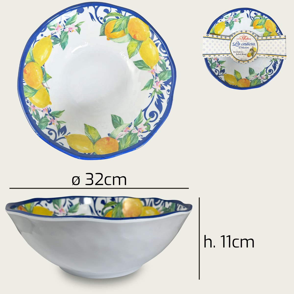 Arca Limoni - Melamine kom Ø32xH11cm – licht in gewicht – makkelijk stapelbaar – voor binnen en buiten