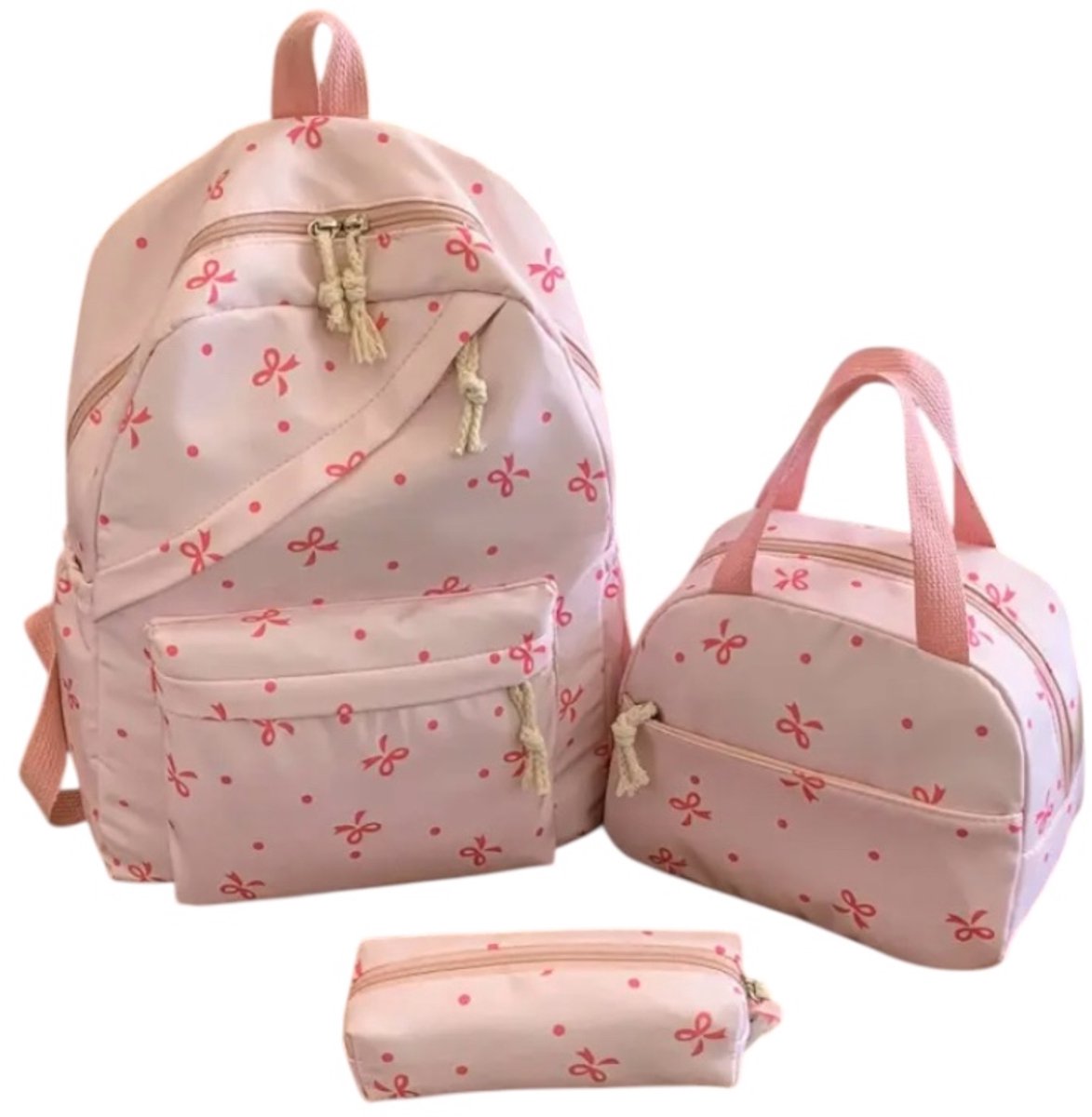 Twenty Two 3-delige schooltassen set | schoolrugzak, etui, tasje voor meisjes/tieners/kinderen | roze/lichtroze strikjes | waterdicht | grote capaciteit | 6 vakken | meiden tassen set | 3 stuks | brugklas-school | schooltassen set 29x16x38.5cm
