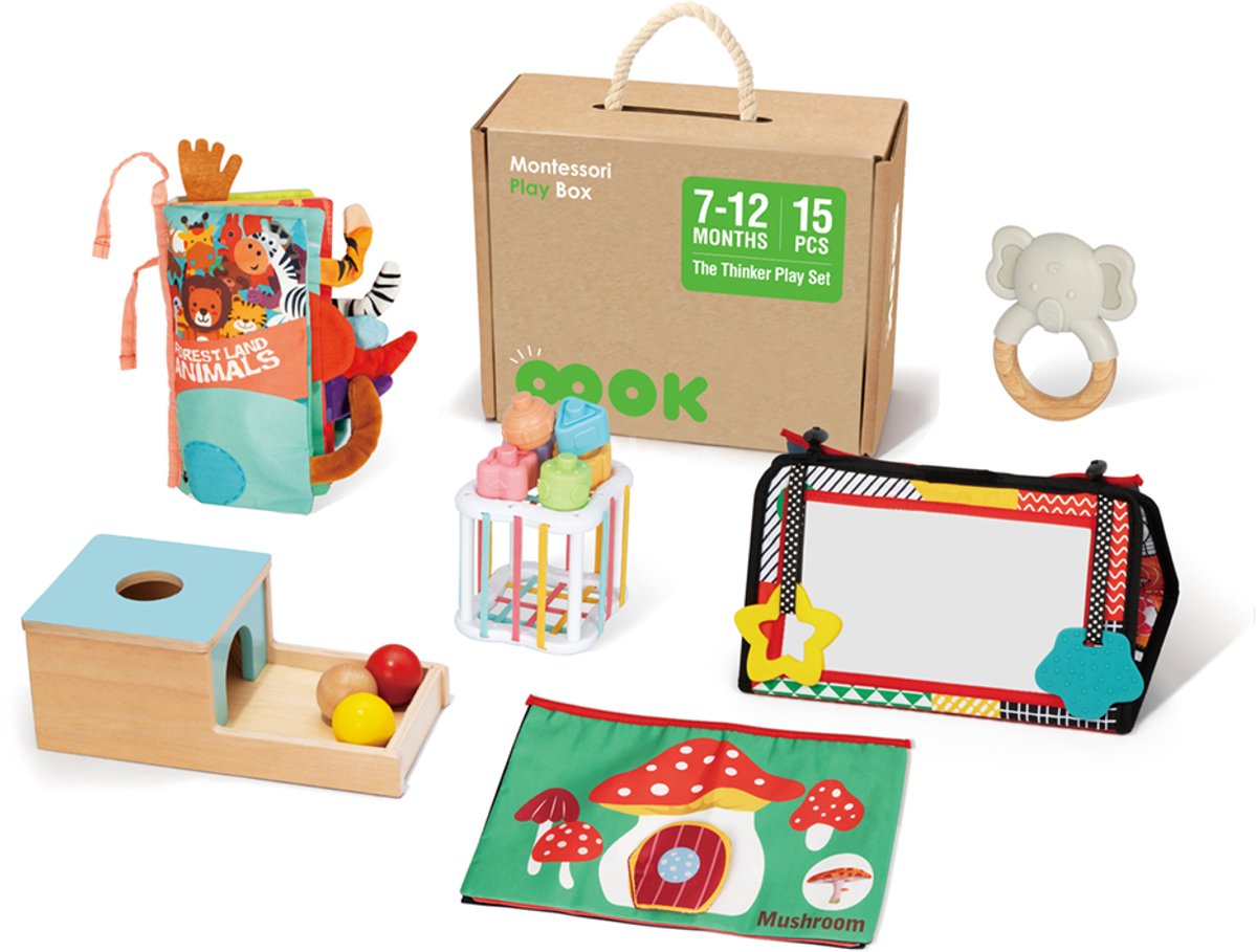 Educatieve speelgoedbox 7-12 maanden - 15-delige Baby Speelgoedset – Montessori Sensorisch Speelgoed – Montessori speelgoedbox - Ontwikkeling & Motoriek - Engelstalig