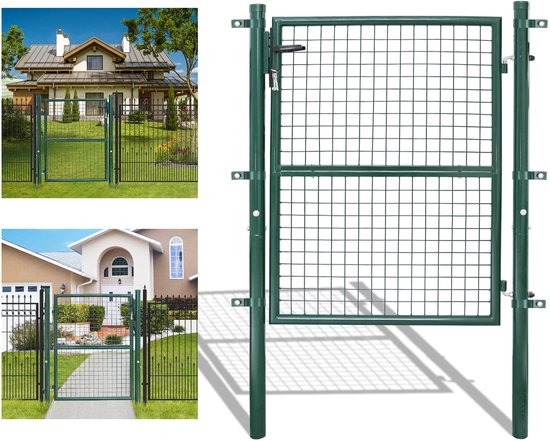 Portillon de jardin vert foncé avec cadre à barreaux, placé entre une maison et un jardin. Un autre angle montre le portail devant un garage.