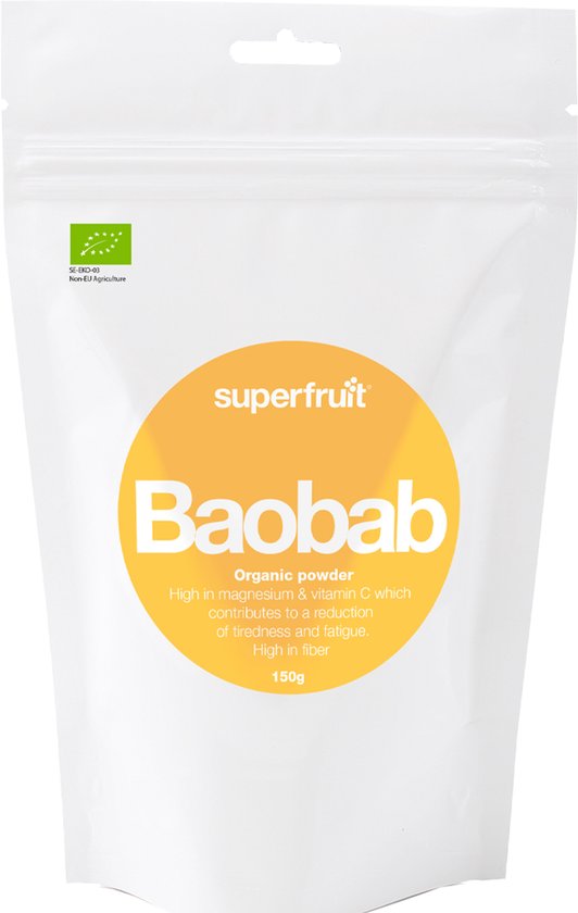 Witte verpakking met een grote oranje cirkel met 'superfruit' en 'Baobab' erop. Bevat 150g biologisch baobab poeder.