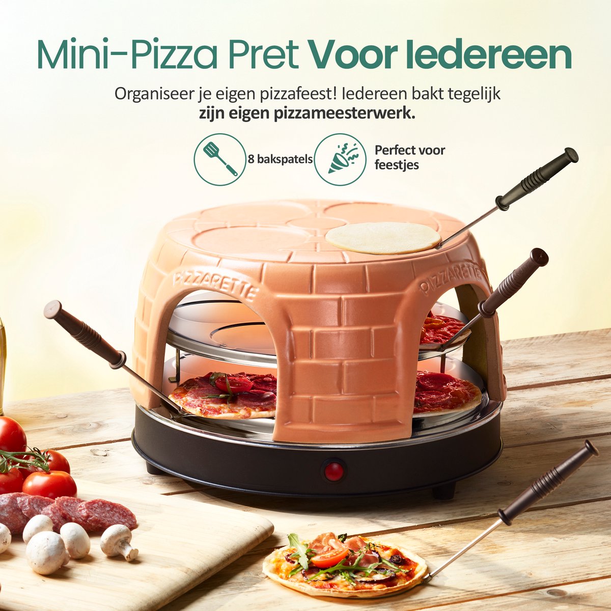 Emerio Pizzarette Origineel - 8 Persoons Pizza Oven - Handgemaakte Terracotta Koepel - 8 Geïsoleerde Bakspatels - RVS Bakplaat - Gourmetstel - PO-116124.1 1500W – foto 5