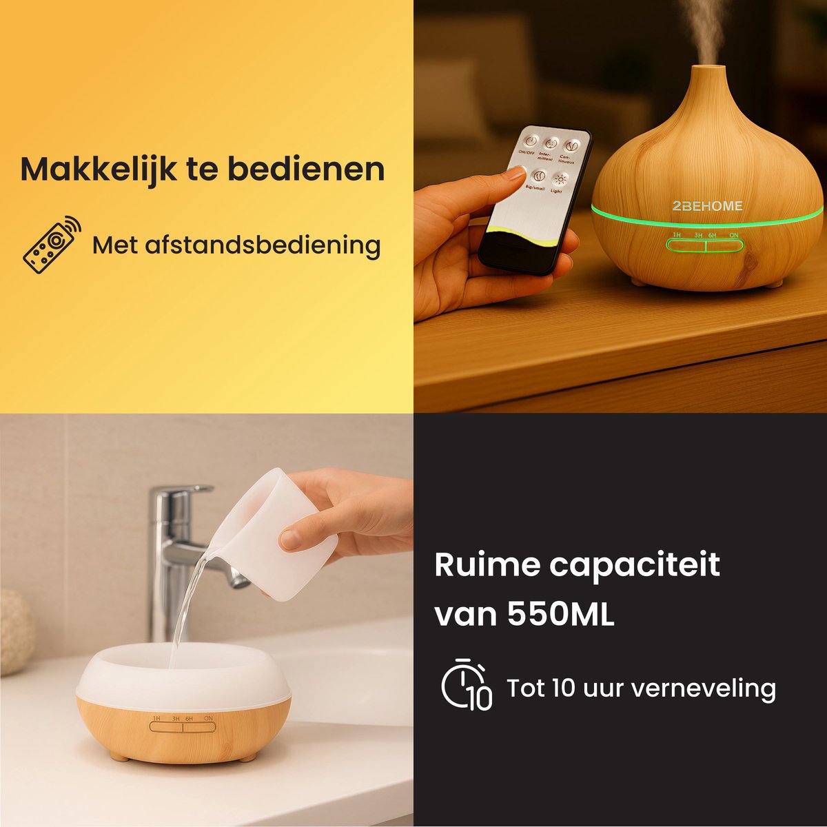 2BEHOME Aroma Diffuser met 2 Etherische Oliën & Afstandsbediening - 550ML - Aroma Diffuser Luchtbevochtiger - Etherische olie diffuser - Essentiele olie Aromadiffusers - Geurverspreider voor Aromatherapie - Lichte Houtlook — cadeau in Wonen & Interieur - foto 3