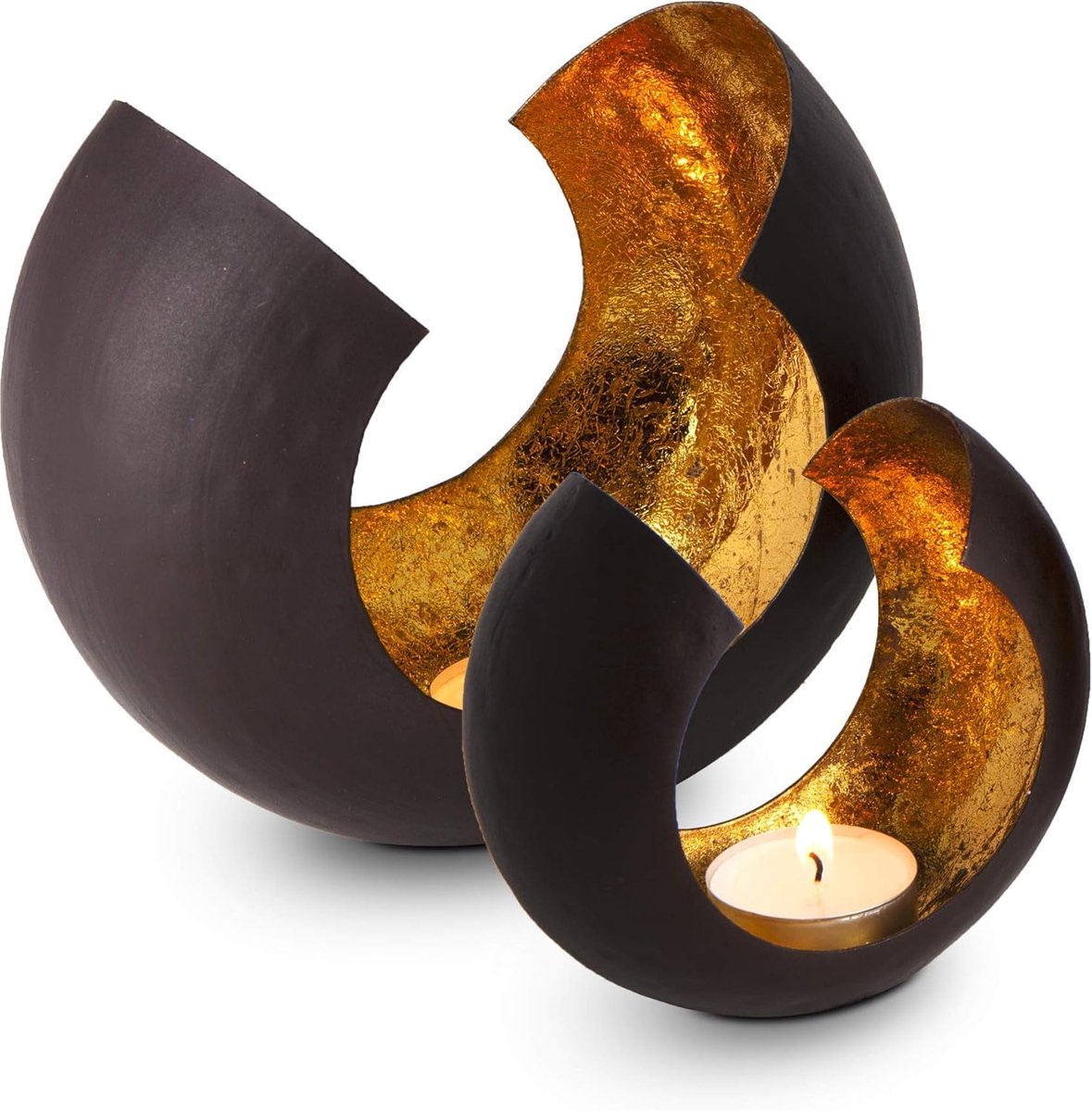 Famanu RX2128_29 Theelichthouder, metaal – zijdemat gelakt, bruin/goud, 18 x 11 x 15 cm, Bruin, goud