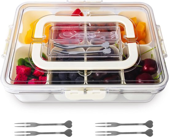 Foto: Snackbox met 8 vakken afsluitbare snackkom met deksel handvat ideaal voor snoep noten fruit groenten dubbellaags opbergplateau voor desserts koekjes