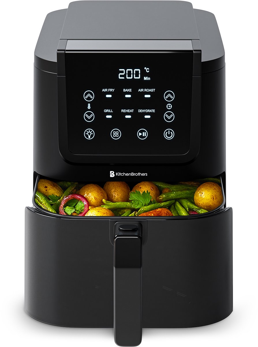 KitchenBrothers Airfryer XL - 1500W - 5L - Heteluchtfriteuse - 60ºC tot 200ºC - Met kijkvenster - Compact design - Extra stil - 6 Kookprogramma's - Zwart